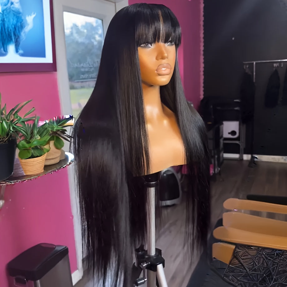 Wig With Bangs Straight Human Hair Wigs For Brazilian Women 200% Density Natural Color Full Machine Made Wigs Glueless Wig 100% Human Hair
