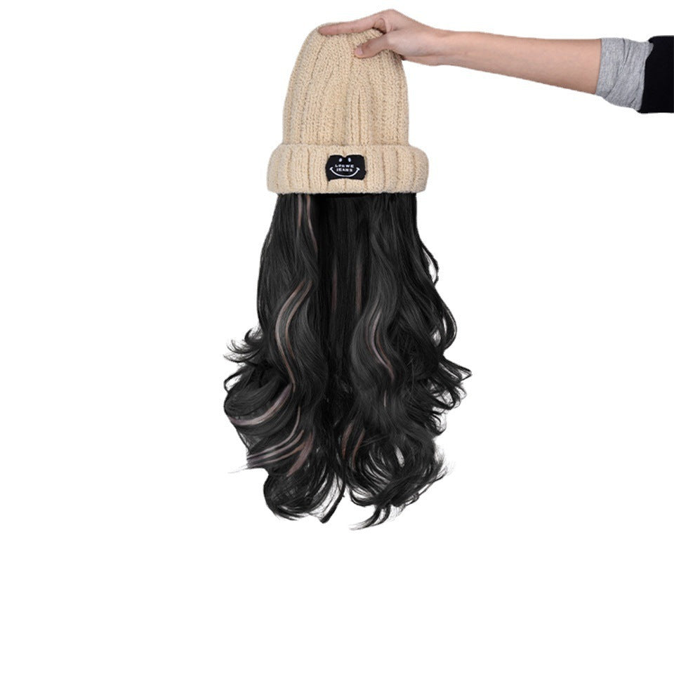 Autumn And Winter Fashion Beige Knit Pick Dye Gradient Long Curly Hair Hundred Take Wig Hat