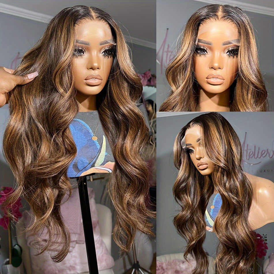 180 Density Highlight Ombre Lace Front Wig Human Hair Pre Plucked 4/27 Brown Honey Blonde Body Wave Lace Frontal Glueless Colored Wigs Human Hair 360 Hd Transparent Lace Front Wig 22 inch