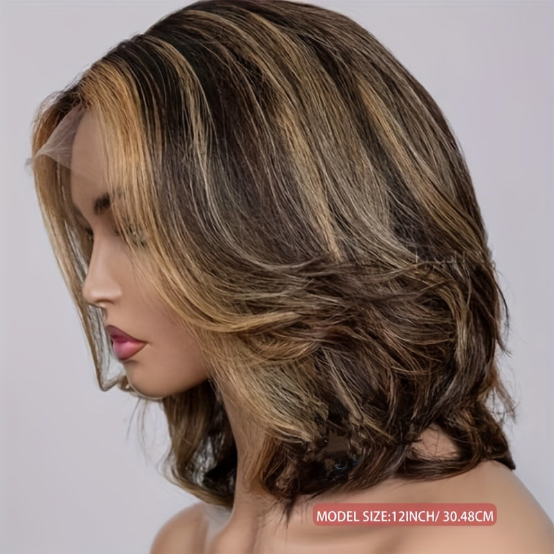 14 Inch Ombre Body Wave Bob Lace Front Wig Human Hair 4x4 Highlight Lace Front Short Body Wave Wig Human Hair 4/27 Ombre Brown Human Hair Wigs 180% Density Wigs Human Hair with Baby Hair