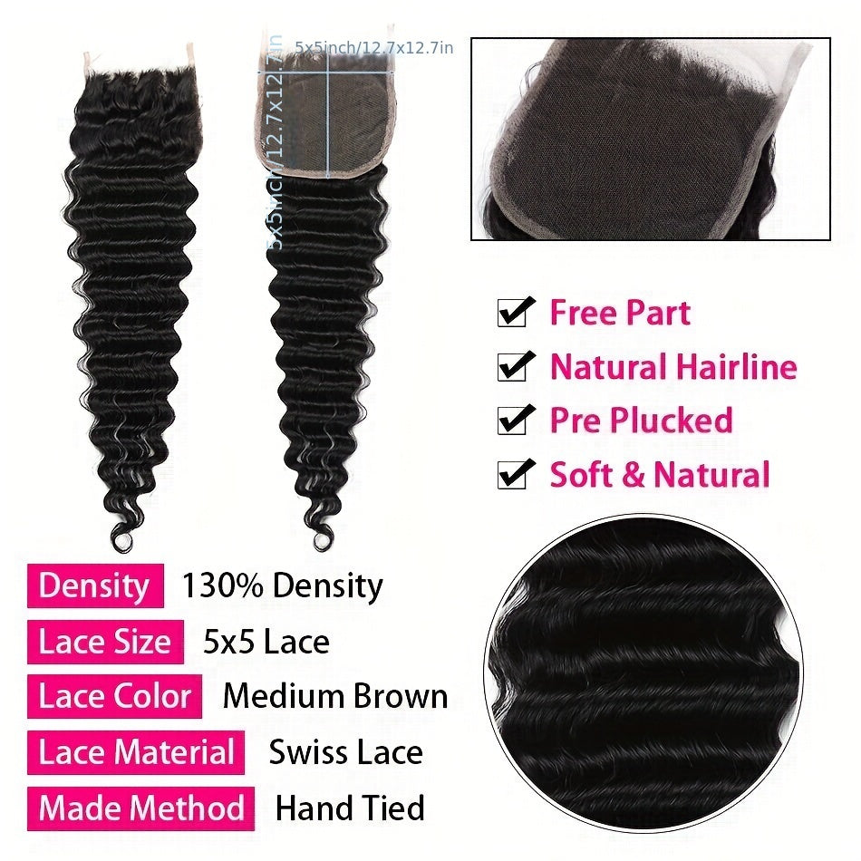 Peruvian Deep Wave Hair With 5x5 Lace Closure Unprocessed Human Hair Bundles With Lace Closure Free Part Transparent Lace 100% Virgin Human Hair Wet and Wavy Weave Hair