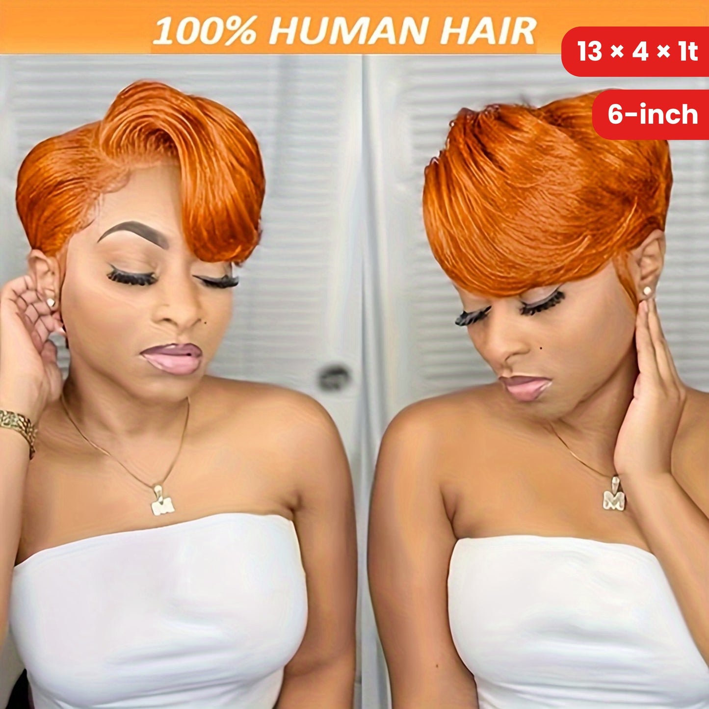Arietis Hair Pixie Cut Human Hair Orange Wig 13 × 4 × 1T Lace Wig Ginger Short Hair 6-inch Adhesive Free Wig 150% Density