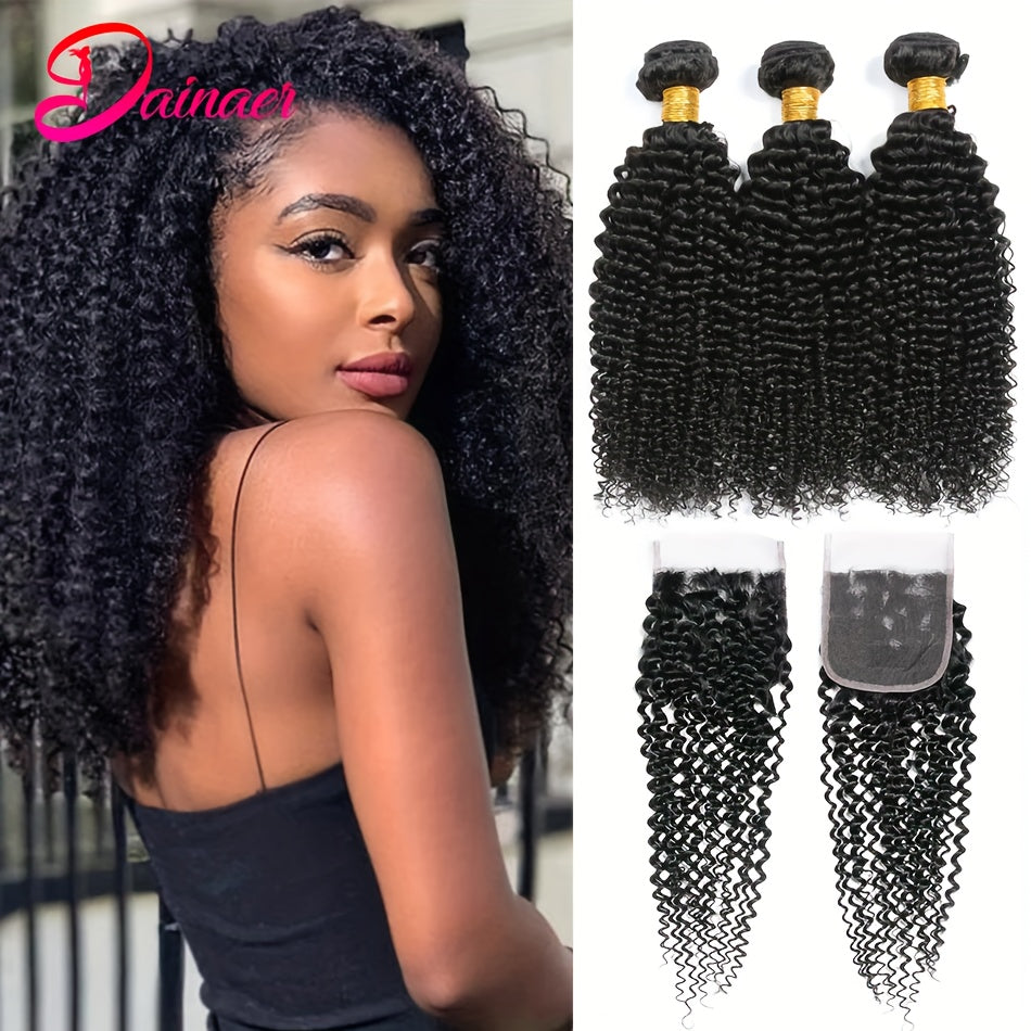 Mongolian Hair Afro Kinky Curly Hair Extension Human Hair Bundles With 4x4 Transparent Lace Closure Natural Color Remy Curly Bundles With Closure