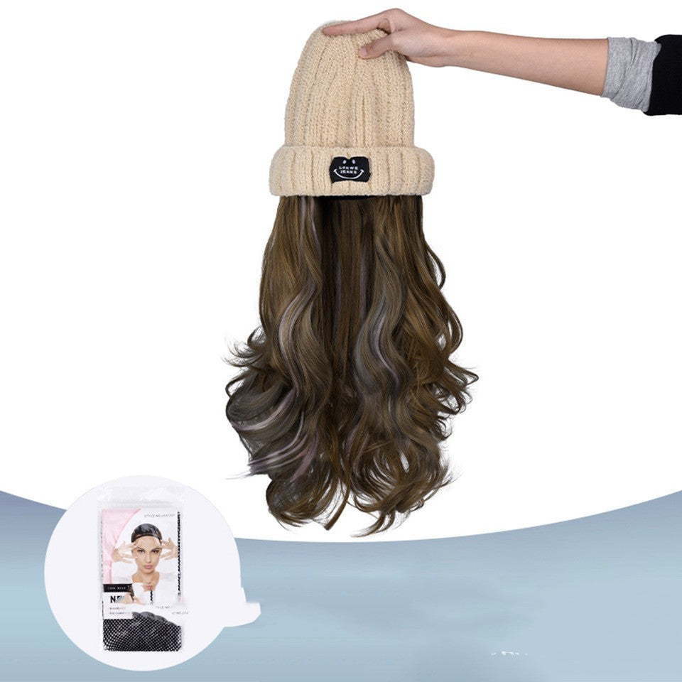 Autumn And Winter Fashion Beige Knit Pick Dye Gradient Long Curly Hair Hundred Take Wig Hat