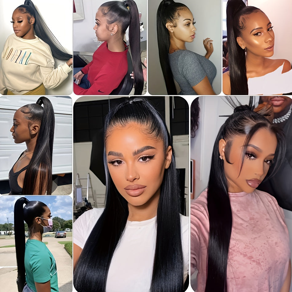 Straight Hair Ponytail 100% Human Hair Wrap Around Body Wave Ponytail Extension Remy Hair Ponytails Clip in Hair Extensions For Women Natural Color