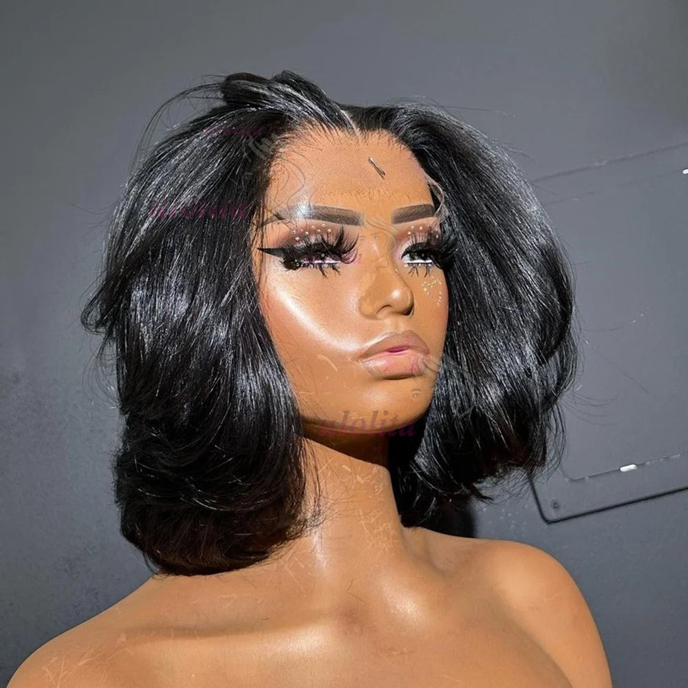 Short straightBob Wigs 13x4 HD Lace Closure Wig Blunt Cut with face framing layers Glueless Human Hair Ombre Chocolate brown wig