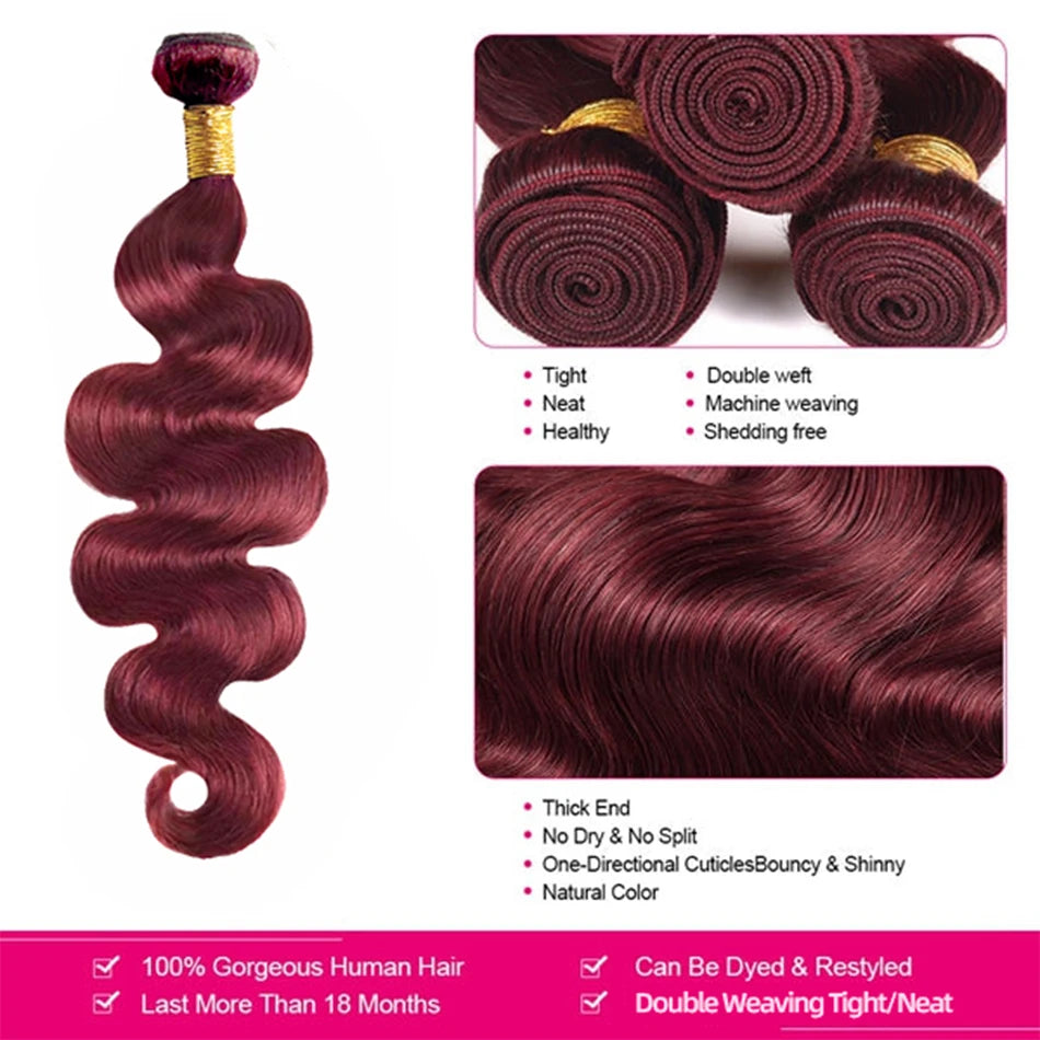2/3/4 Bundles With Frontal Body Wave Highlight Burgundy #99J Human Hair 13x4 Lace Front With 3 Bundles Brazilian Hair For Women