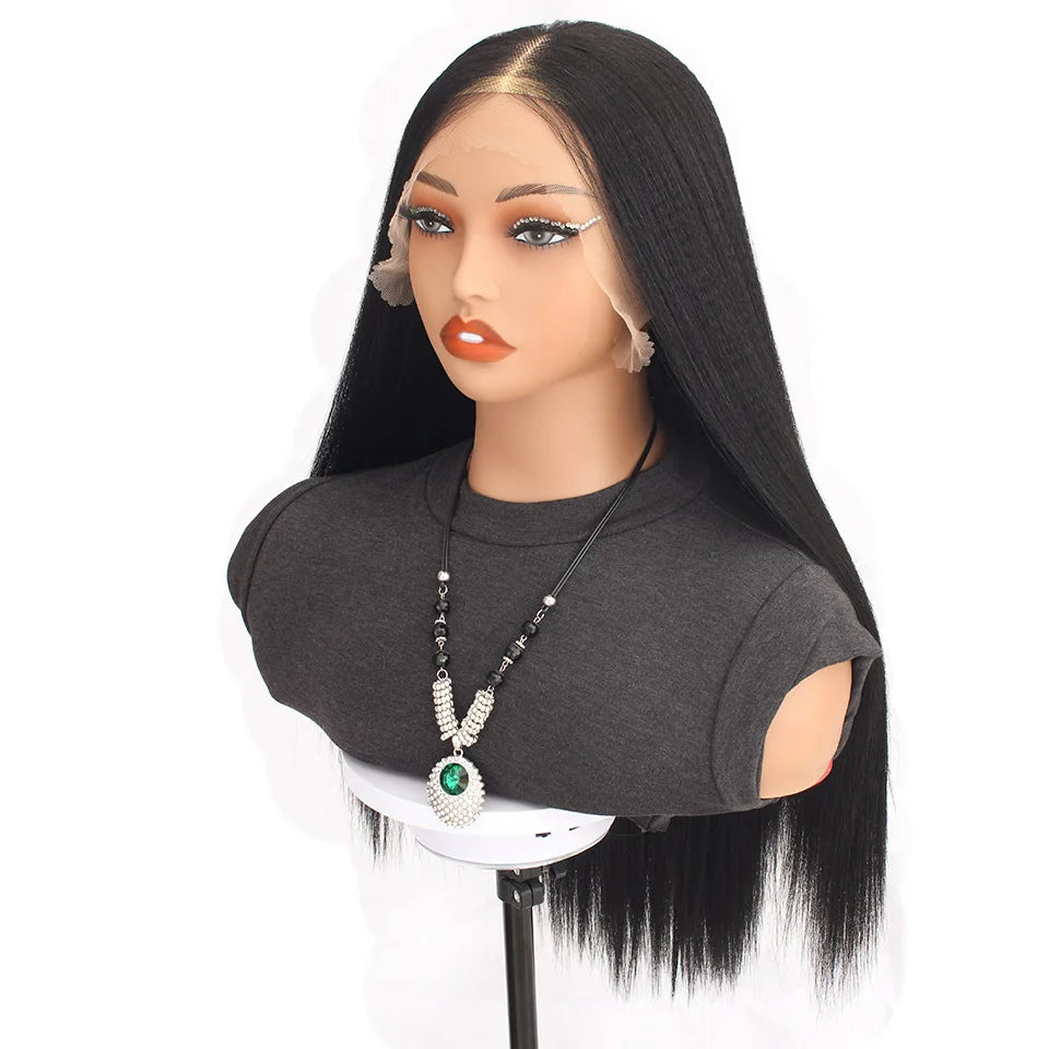 13X6 Bio Synthetic Lace Front Wigs Yaki Straight 26inches 260gram Heat Resistant Fiber Transparent Lace Frontal Wigs #1B #4