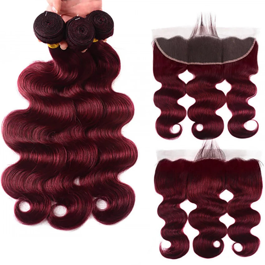 99J Burgundy Human Hair 3 Bundles with 13×4 Lace Frontal Body Wave 99J Burgundy Pre Plucked Frontal with Baby Hair For Women