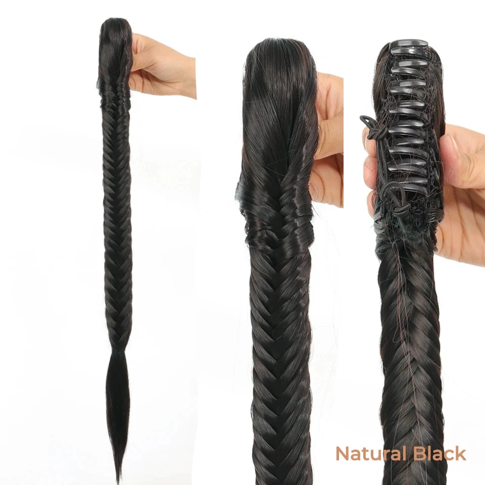 Synthetic Ponytail Extension Hairpiece Straight Claw Clip Fishbone Braid Ponytail For Women Heat Resistant Pony Tail Fake Hair