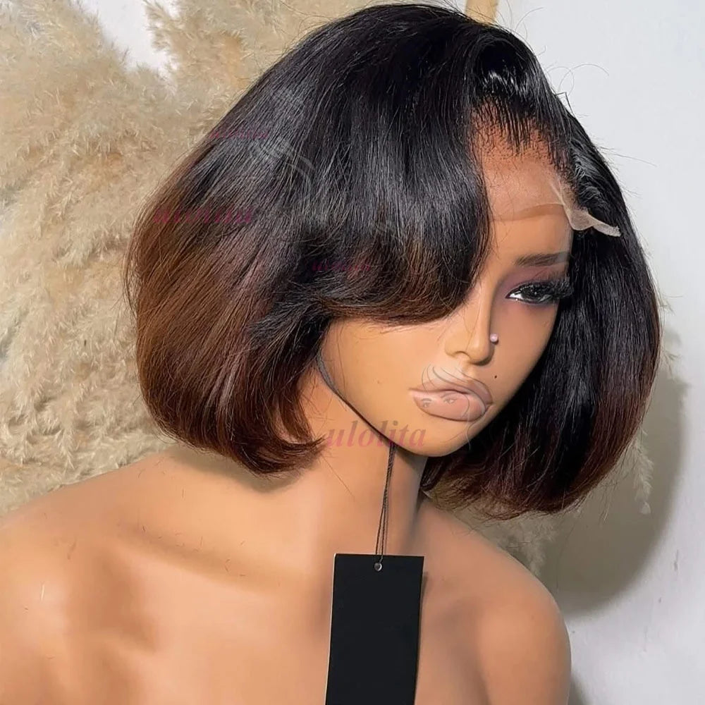 Short straightBob Wigs 13x4 HD Lace Closure Wig Blunt Cut with face framing layers Glueless Human Hair Ombre Chocolate brown wig