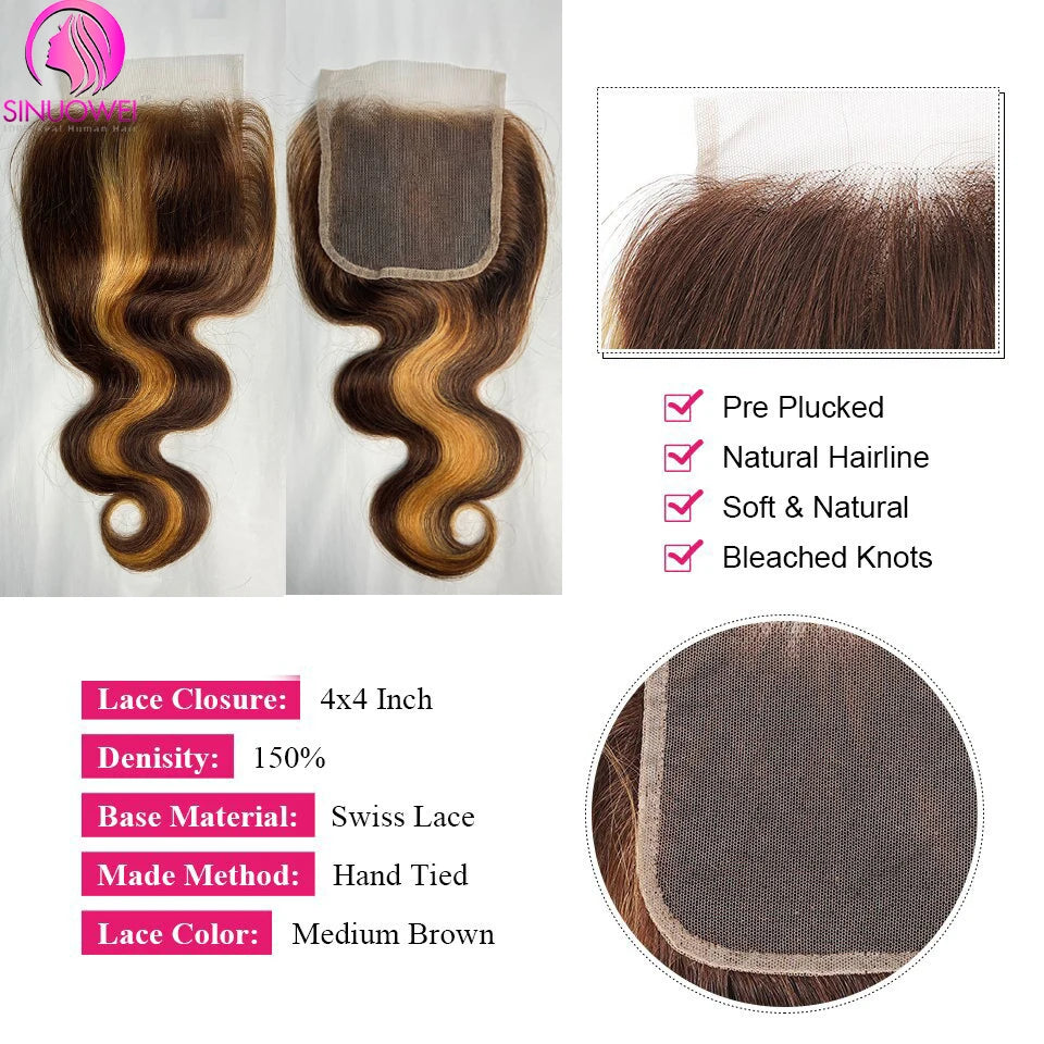 P4/27 Highlight Body Wave 3/4 Real Human Hair Bundles With 13x4 Transparent Lace Frontal Pre-Plucked Peruvian Remy Hair