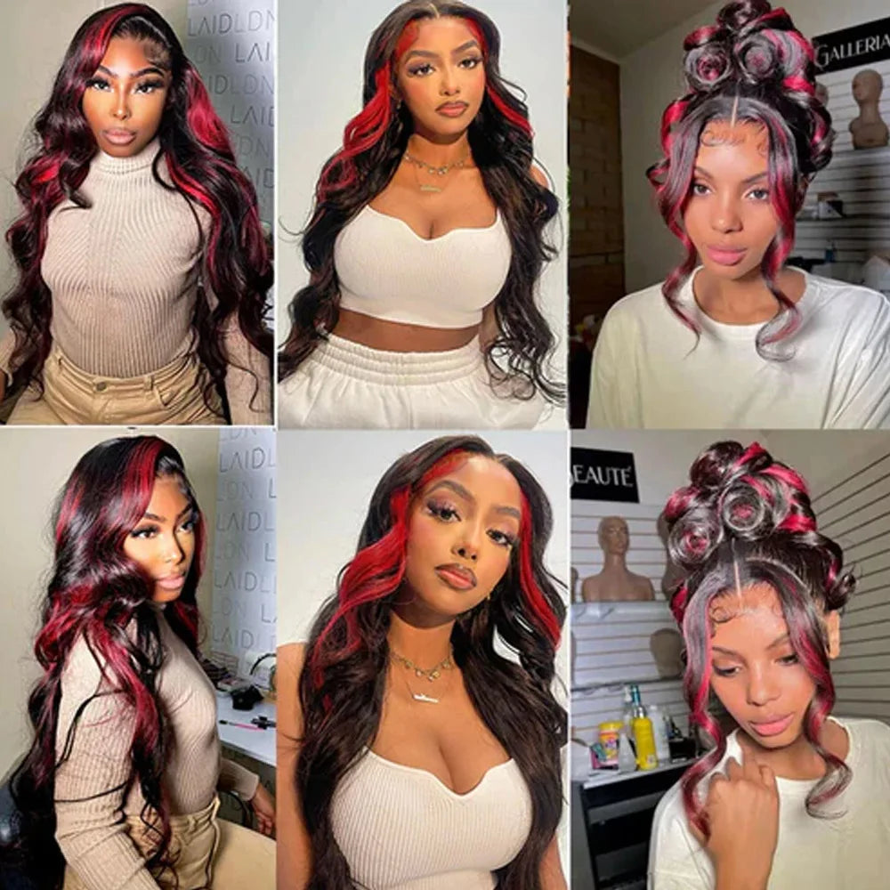 Ombre Burgundy Highlight Synthetic Lace Front Wigs Pre Plucked with Baby Hair Body Wave 13x4 HD Lace Front Wigs for Black Women