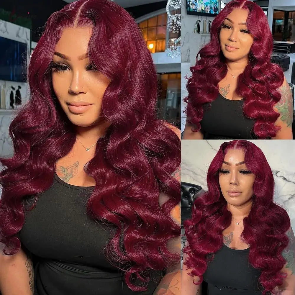 99J Burgundy Human Hair 3 Bundles with 13×4 Lace Frontal Body Wave 99J Burgundy Pre Plucked Frontal with Baby Hair For Women