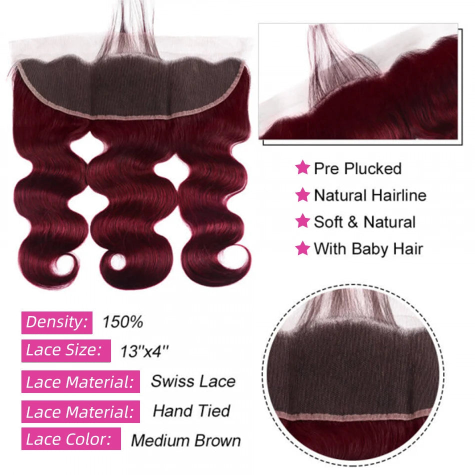 2/3/4 Bundles With Frontal Body Wave Highlight Burgundy #99J Human Hair 13x4 Lace Front With 3 Bundles Brazilian Hair For Women