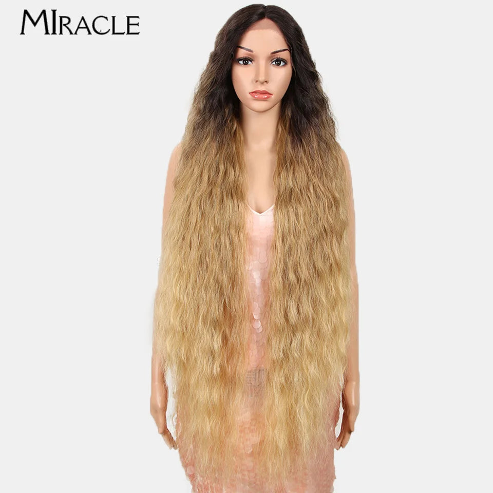 MIRACLE Synthetic Lace Front Wig For Women 40 Inch Water Wave Lace Wig Cosplay Wigs 613 Pink Blonde Wig Super Long Fiber Hair