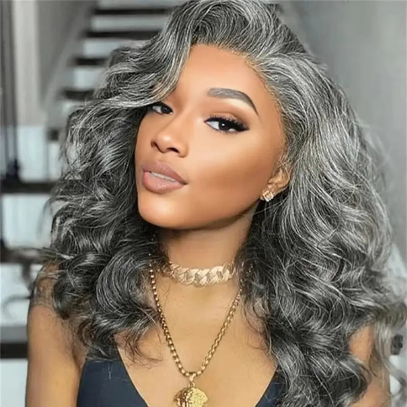 13x4 HD Transparent Pepper Gray Beginner Friendly Body Wave Lace Front Wigs 260 Density Wavy Glueless Wig 100% Human Hair Wig