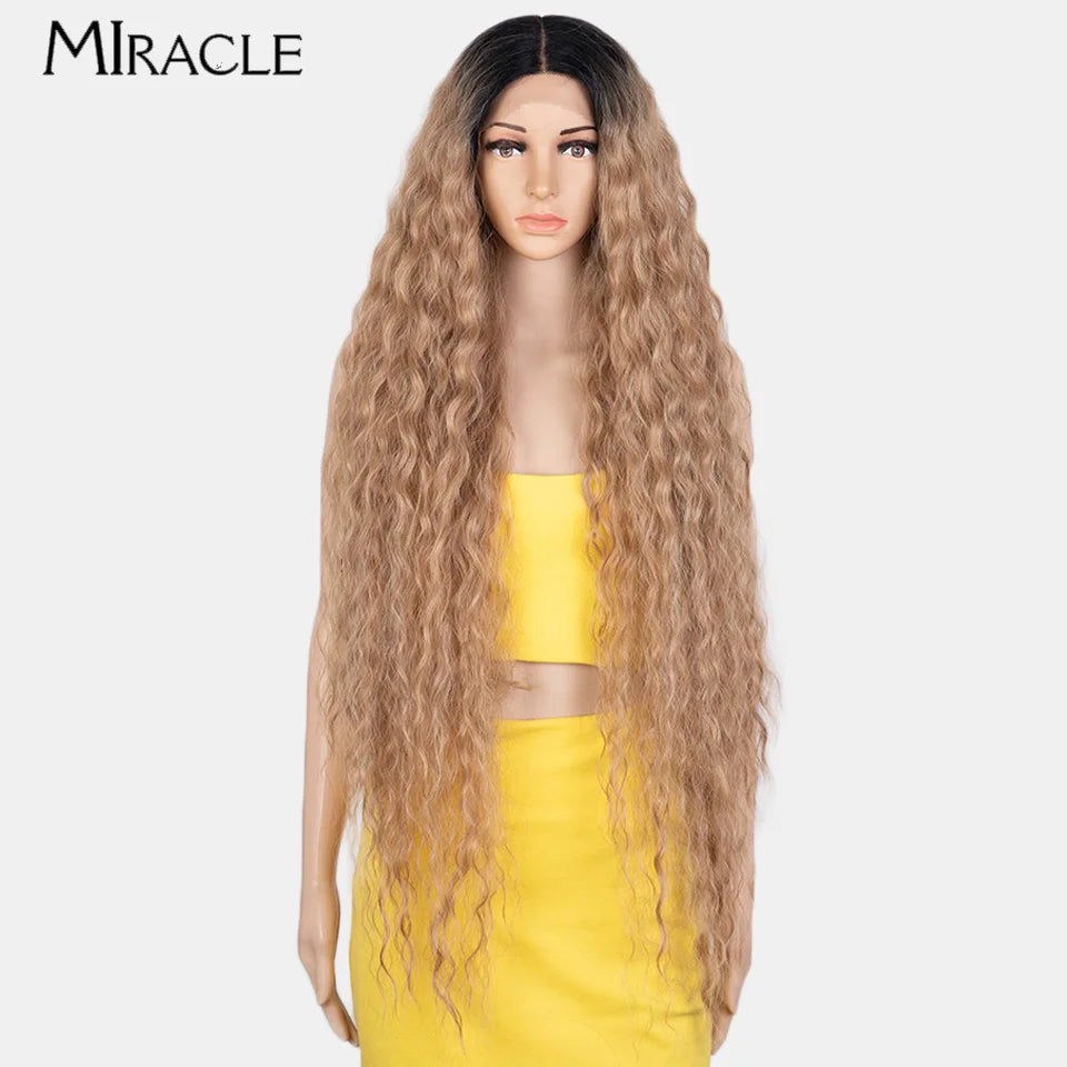 MIRACLE Synthetic Lace Front Wig For Women 40 Inch Water Wave Lace Wig Cosplay Wigs 613 Pink Blonde Wig Super Long Fiber Hair