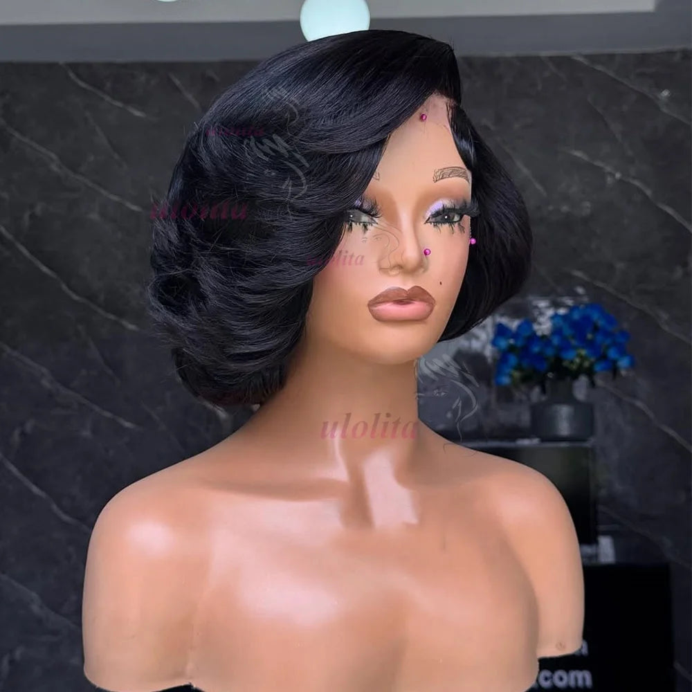 Short straightBob Wigs 13x4 HD Lace Closure Wig Blunt Cut with face framing layers Glueless Human Hair Ombre Chocolate brown wig