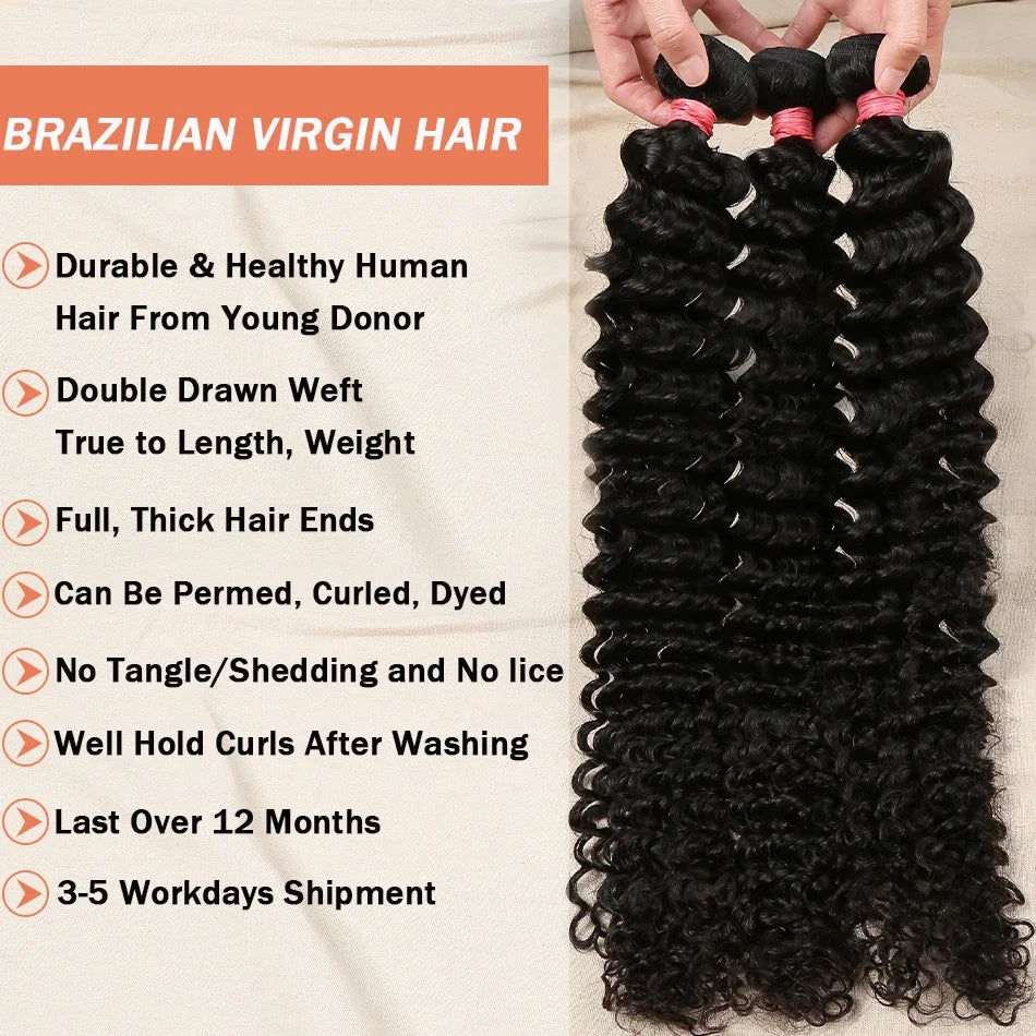 Deep Wave Bundles Curly Human Hair Bundles Brazilian Weaving 24 26 28 30 Inch Natural Human Hair 100% Natural Extensions Hair