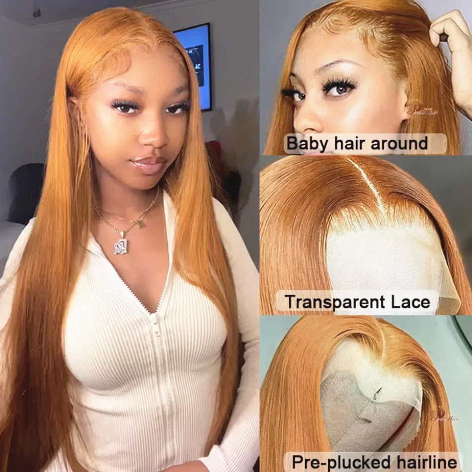 Wiggogo #27 Honey Blonde Human Hair Straight Wig 13X6 Lace Frontal Preplucked Wig 30 32 Inch Lace Front Colored Brazilian Wigs
