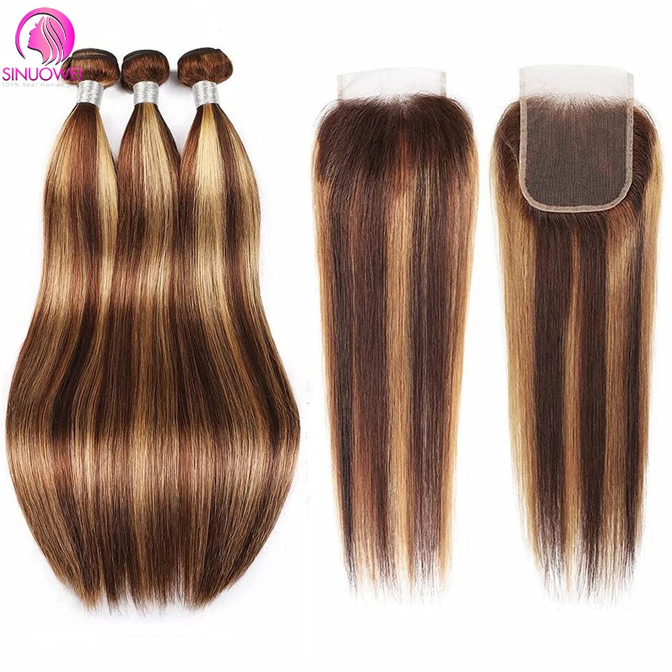 P4 27 Highlight Bundles With Frontal Brazilian Straight Bundles With Closure 4x4 Remy Human Hair Weave Bundles With Closure