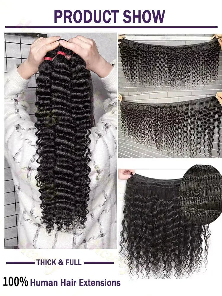 30 32 34 Inch Deep Wave Human Hair Bundles Remy Curly Human Hair Bundles 100% Human Hair Water Wave Extensions 2 3 4 Bundles