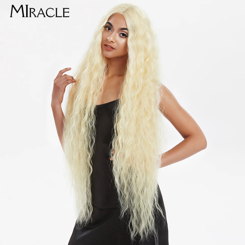 MIRACLE Synthetic Lace Front Wig For Women 40 Inch Water Wave Lace Wig Cosplay Wigs 613 Pink Blonde Wig Super Long Fiber Hair