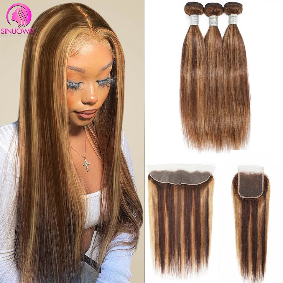 P4 27 Highlight Bundles With Frontal Brazilian Straight Bundles With Closure 4x4 Remy Human Hair Weave Bundles With Closure