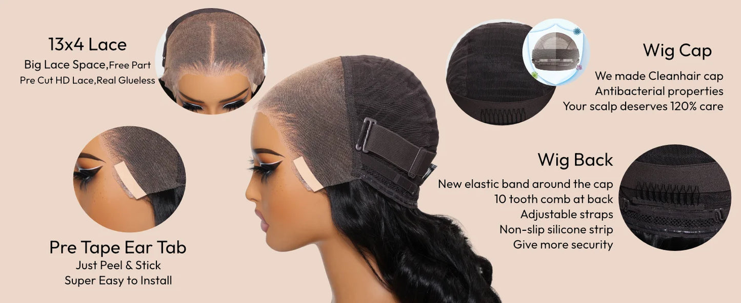 UNice 3D Body Wave Wig 250% Density 13x4 Human Hair Lace Frontal Wig Pre Plucked Pre Bleached Pre Cut Gluless Wig Ready To Wear