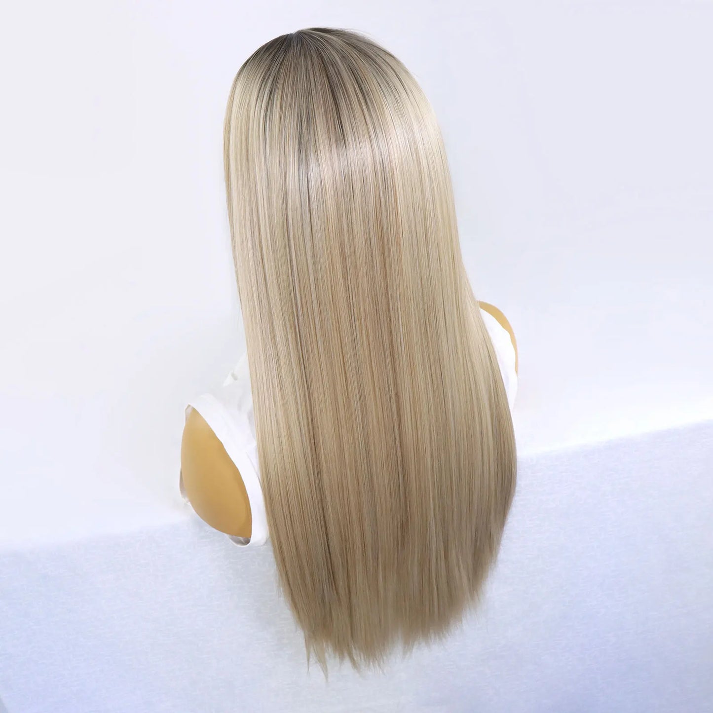 30 Inch Highlight Blonde Synthetic Lace Front Wigs Dark Roots Straight Long Ombre Ash Blonde Pre Plucked Colored Wigs for Women
