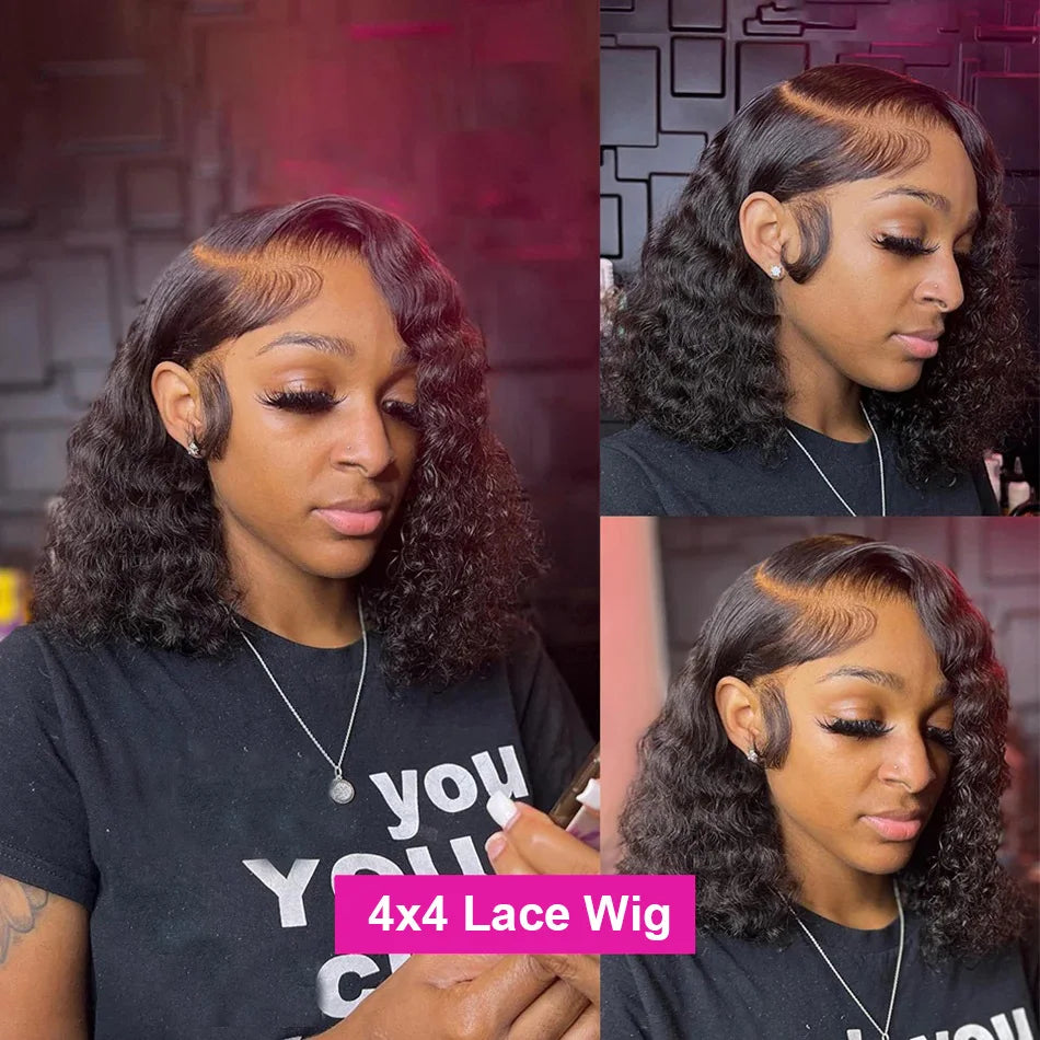 Deep Wave Bob Wigs 13x4 Lace Frontal Human Hair Wig 100% Remy Human Hair 200% Density Short Bob Wig Natural Hairline For Women