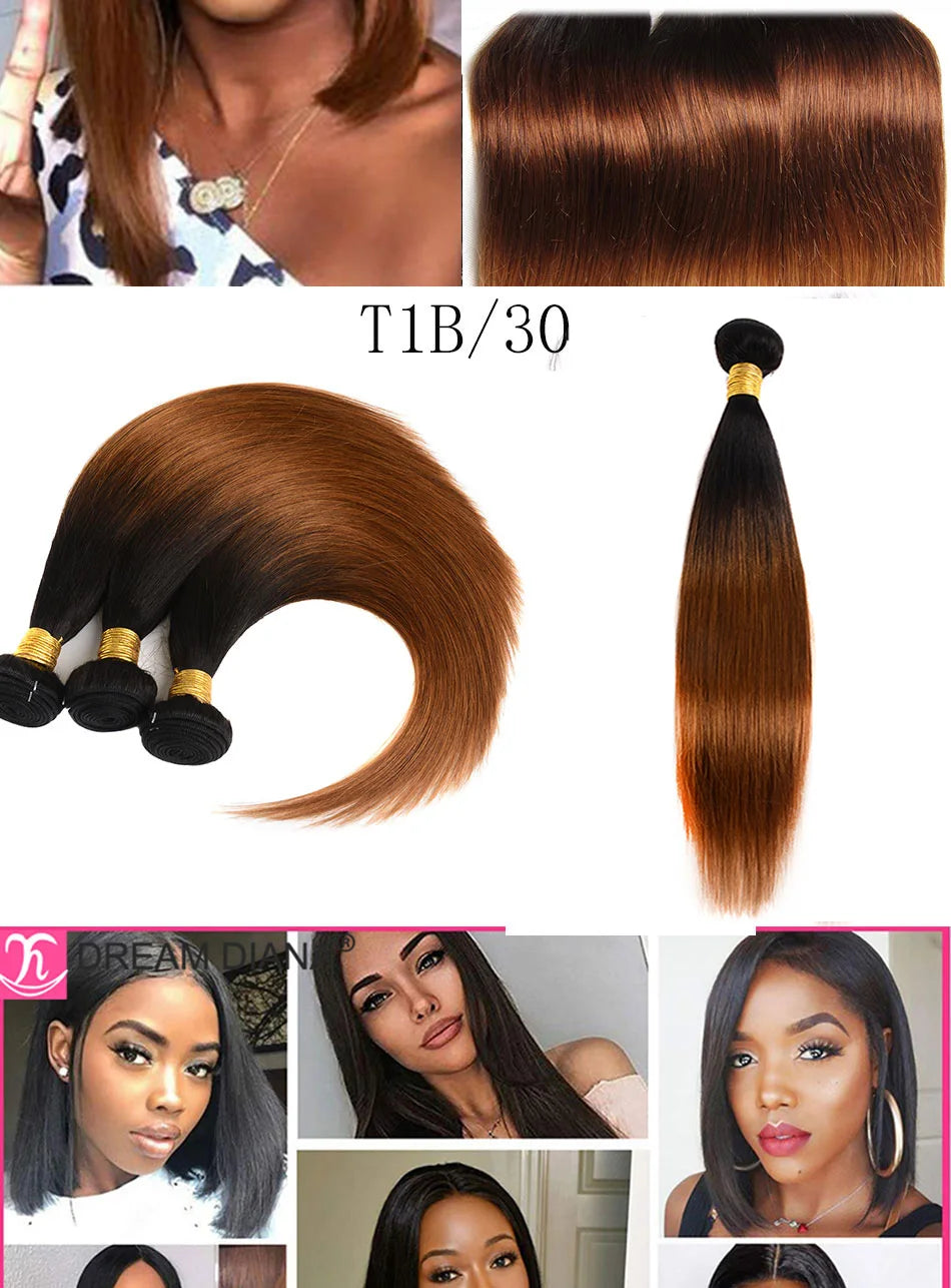 DreamDiana Peruvian Straight Hair Bundles 2 Toned Ombre Silky Straight Bundles T1B/30 Remy Bone Hair 100% Human Hair Extension
