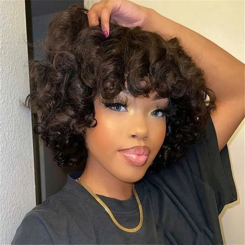 Funmi Human Hair Wig With Bangs Full Machine Made Short Rose Curly Human Hair Wig for Women Bouncy Curly Brazilian Pixie Cut Wig