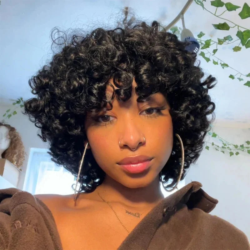 Funmi Human Hair Wig With Bangs Full Machine Made Short Rose Curly Human Hair Wig for Women Bouncy Curly Brazilian Pixie Cut Wig