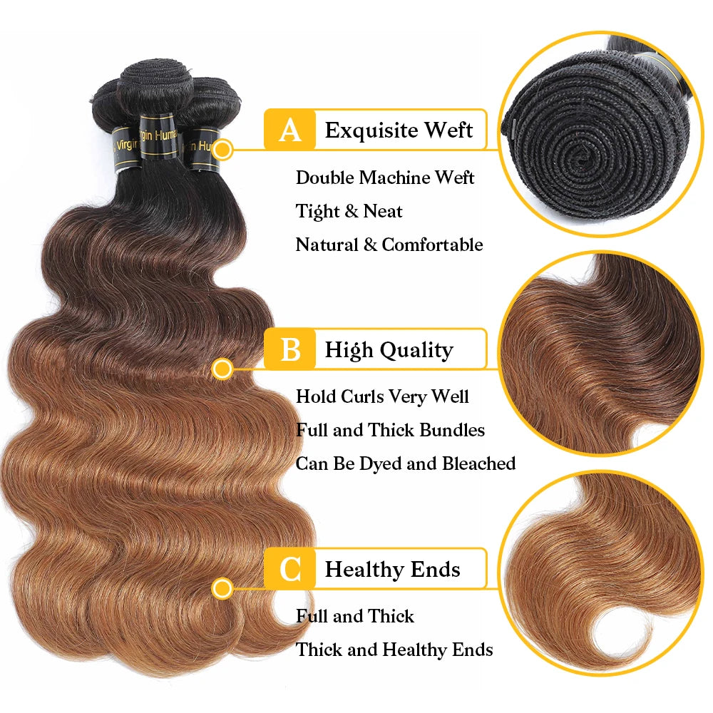 Ombre Color Body Wave Human Hair Bundles With Closure Brazilian Virgin Hair Bundles 1b/4/27 1b/4/30 Hair Weave Bundle Human Hair