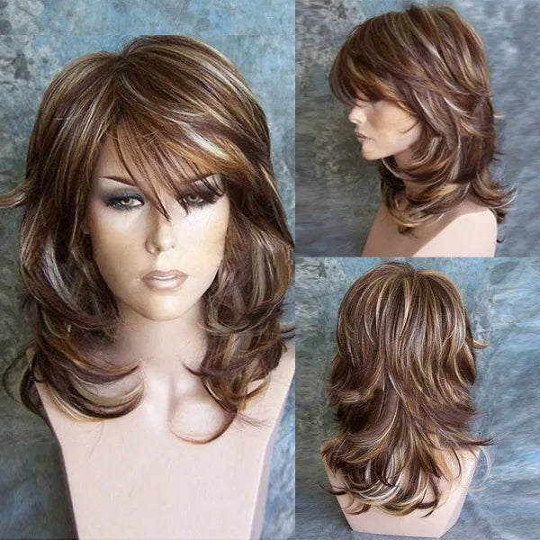 SuQ Classic Curly Wig Hair Synthetic Natural For Women Cosplay Brown WIth Blonde Heat Resistant Daily Wigs