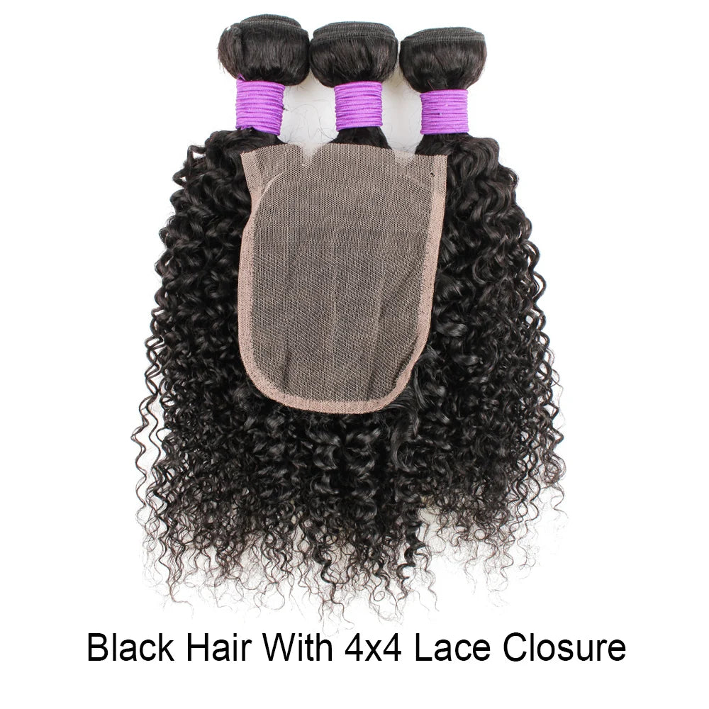 Brown Color Natural Black Jerry Curly Human Hair Bundles With 4x4 Lace Closure Peruvian Remy Hair With Swiss Lace 200g/Set
