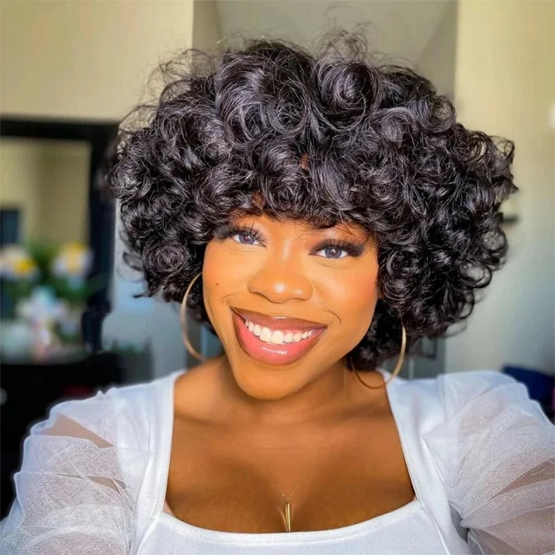 Funmi Human Hair Wig With Bangs Full Machine Made Short Rose Curly Human Hair Wig for Women Bouncy Curly Brazilian Pixie Cut Wig