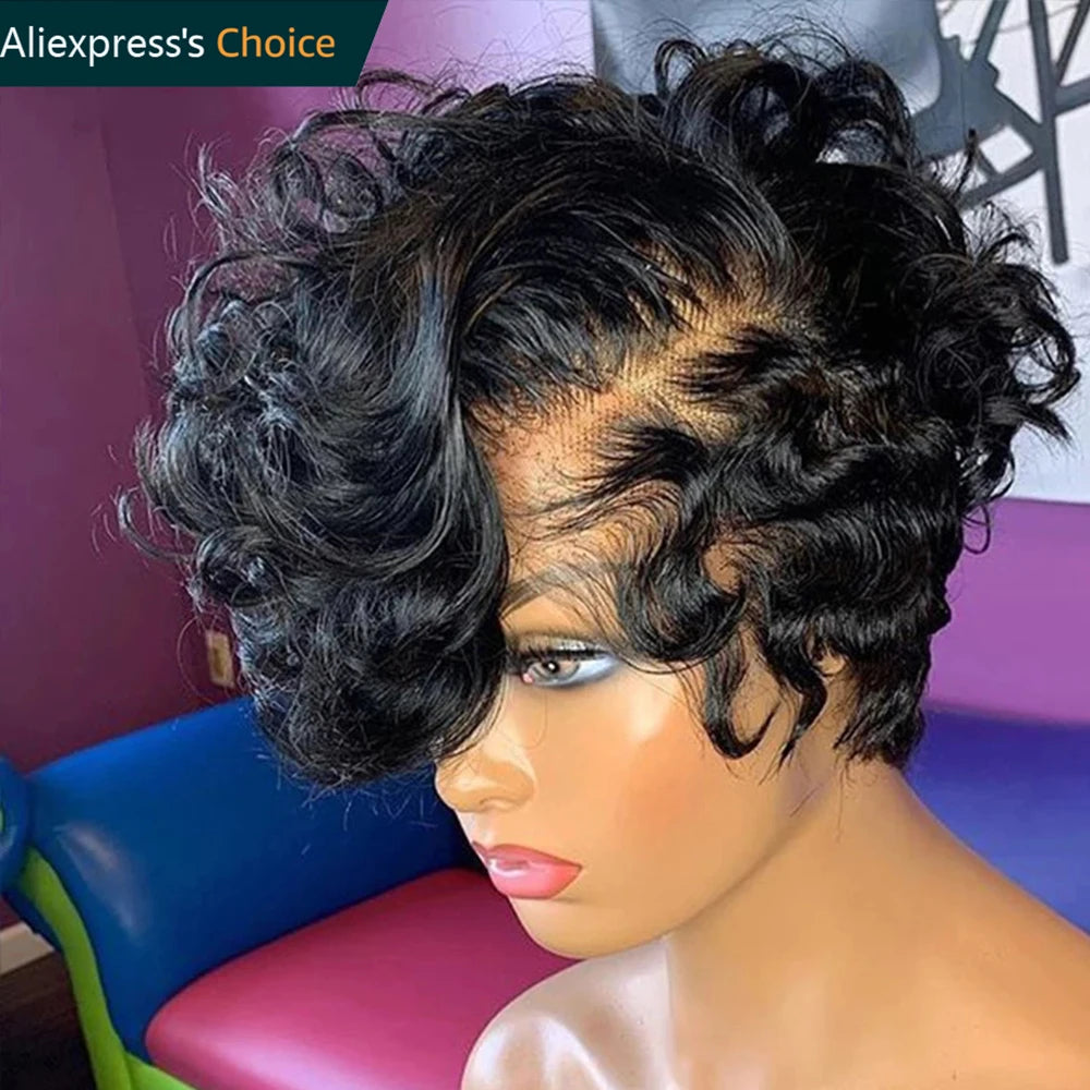 13x4 Short Bob Loose Wave Lace Front Wigs Pre Plucked Bleached Knots Pixie Cut Hd Transparent Lace Front Natutal Human Hair Wig