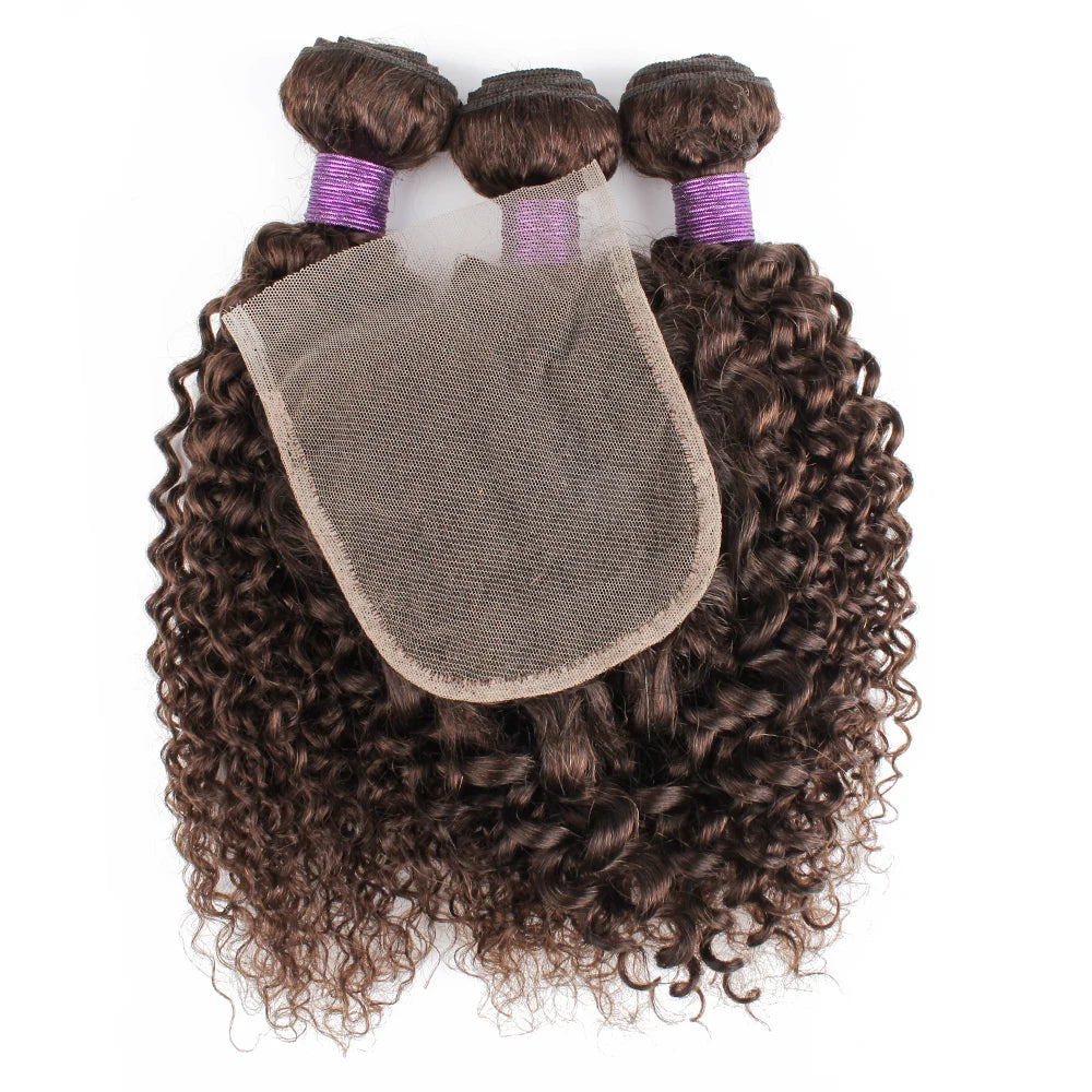Brown Color Natural Black Jerry Curly Human Hair Bundles With 4x4 Lace Closure Peruvian Remy Hair With Swiss Lace 200g/Set