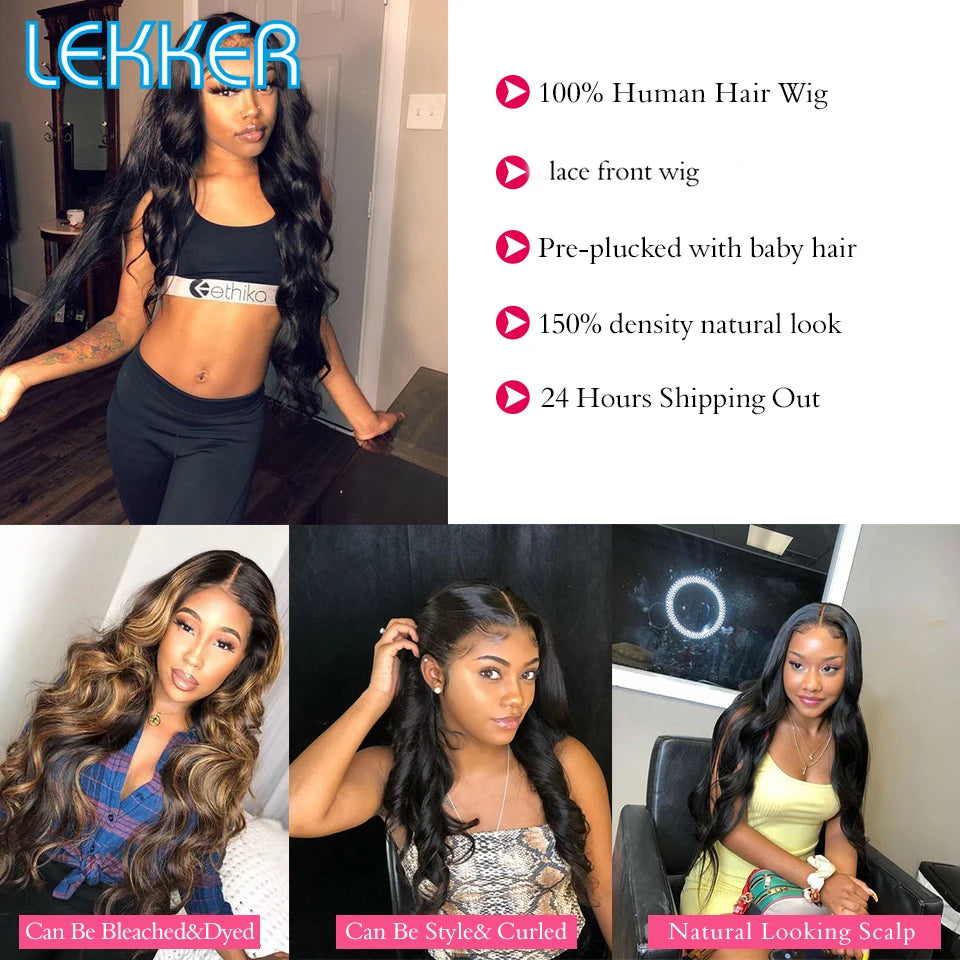 Lekker 30”32“ Body Wave 13x1 T Part Lace Front 100% Human Hair Wigs For Women Brazilian Remy Hair Middle Part Lace Long Wavy Wig
