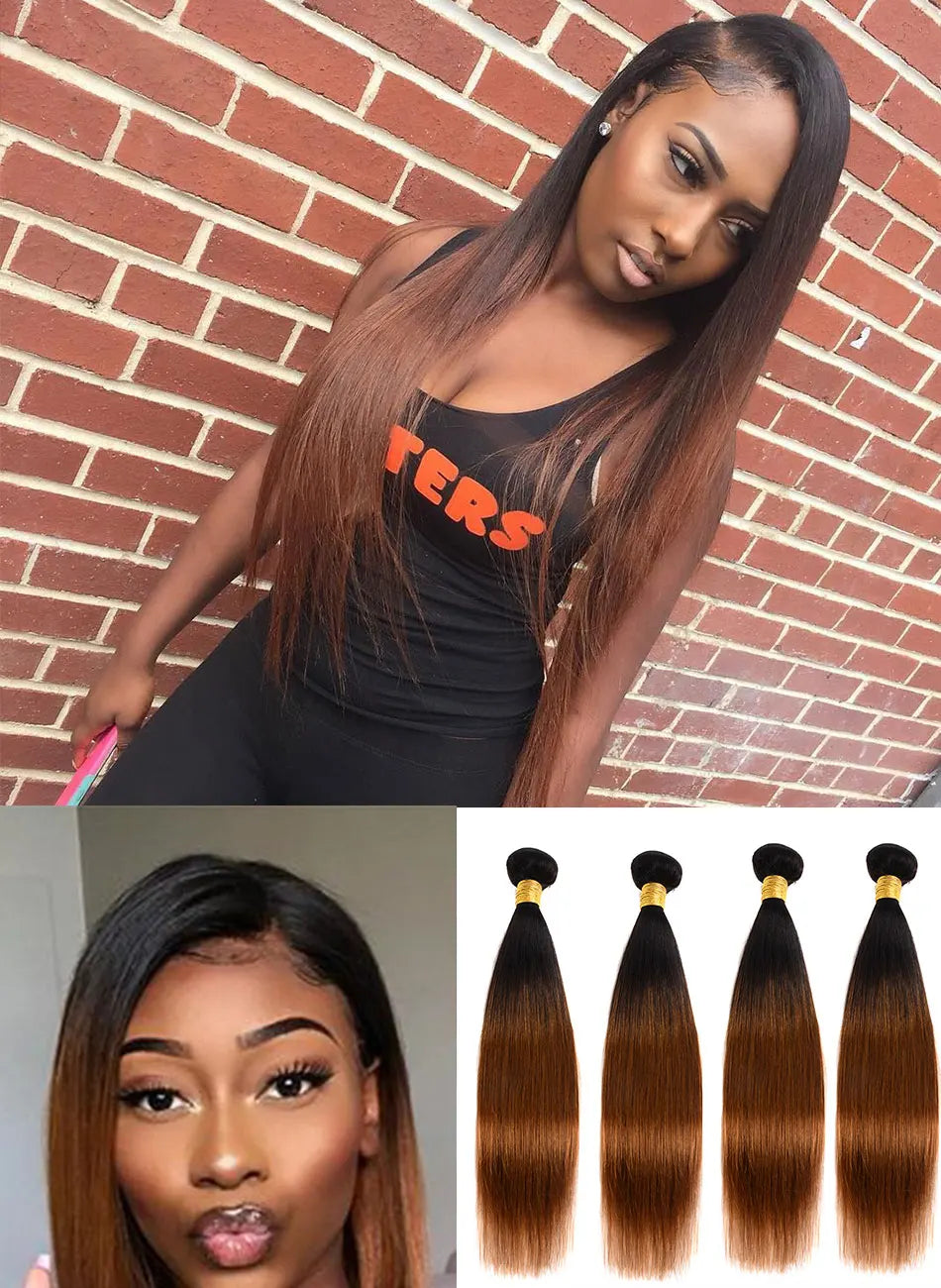 DreamDiana Peruvian Straight Hair Bundles 2 Toned Ombre Silky Straight Bundles T1B/30 Remy Bone Hair 100% Human Hair Extension