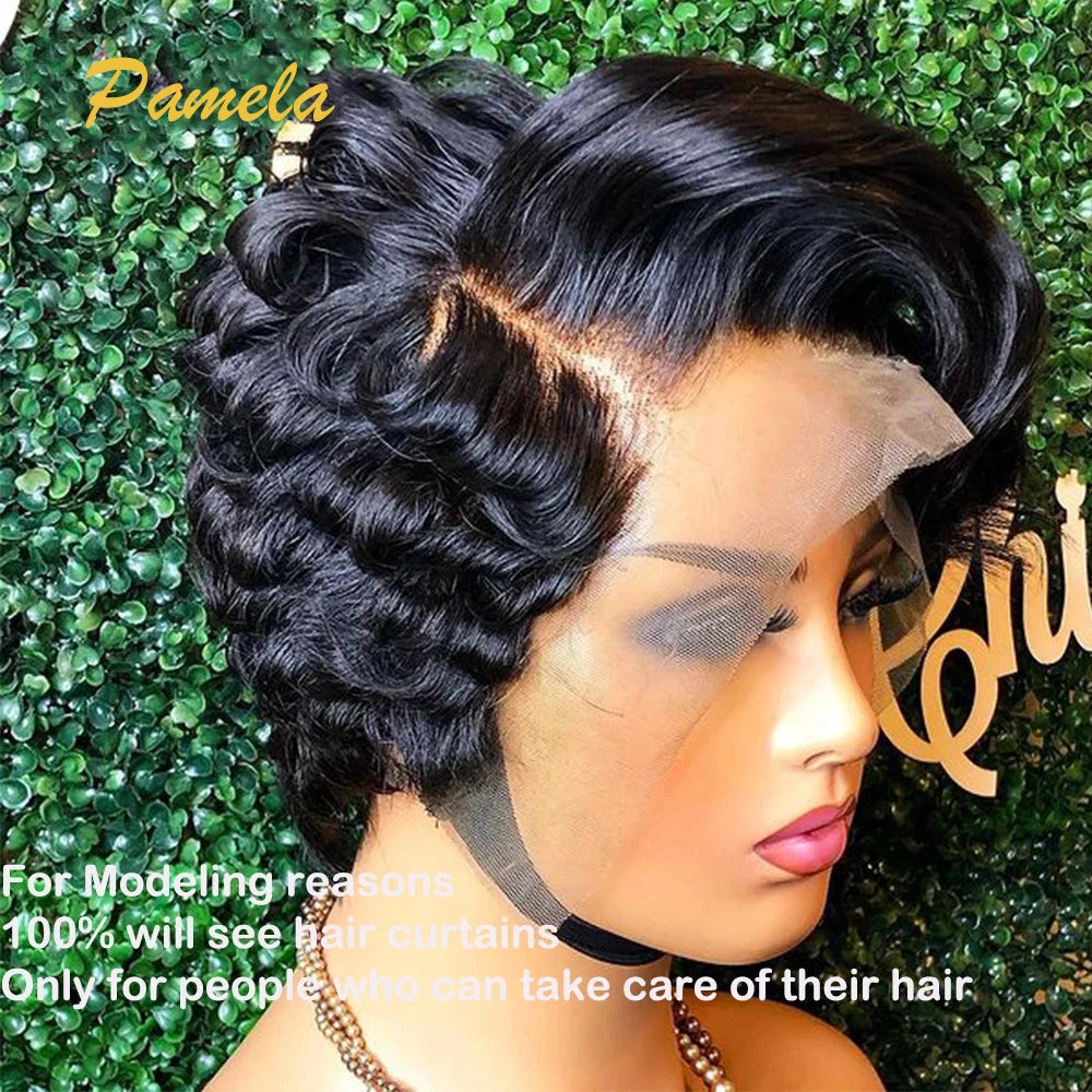 13x4 Short Bob Loose Wave Lace Front Wigs Pre Plucked Bleached Knots Pixie Cut Hd Transparent Lace Front Natutal Human Hair Wig