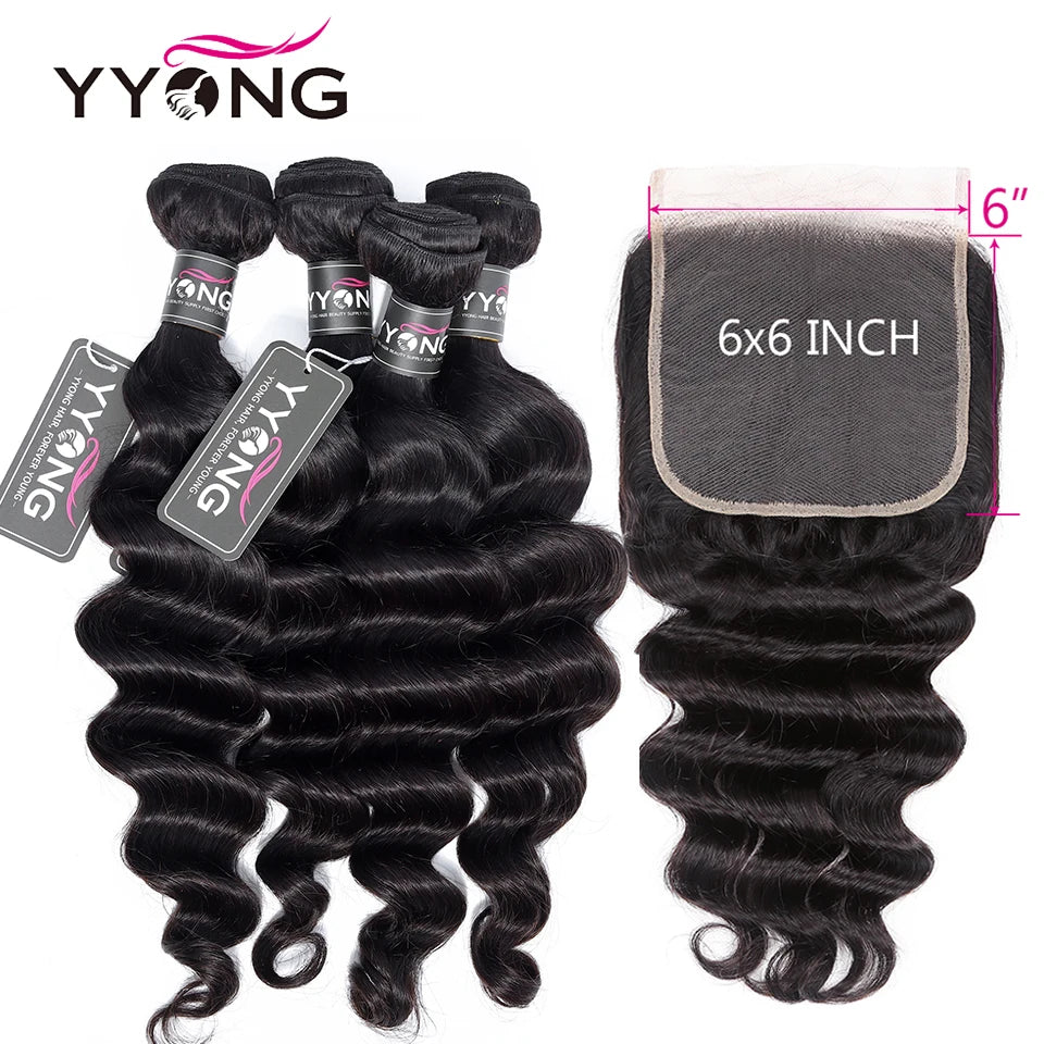 Yyong Loose Deep Wave Bundles With 6x6 Lace Closure Brazilian Remy Human Hair Bundles With Closures 3/4 Bundles With Closure
