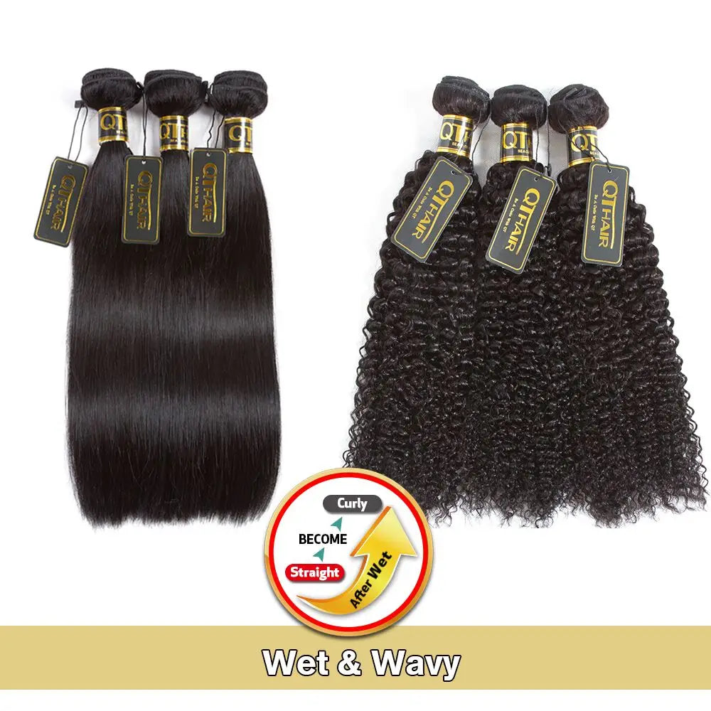 Wet And Wavy Human Hair Bundles Magic Hair Kinky Curly Bundles Peruvian Straight Hair Will Become Curly After We QT Non-remy