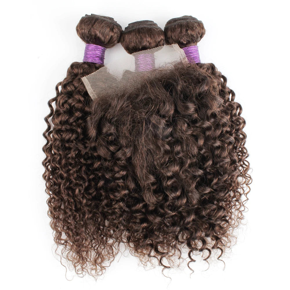 Brown Color Natural Black Jerry Curly Human Hair Bundles With 4x4 Lace Closure Peruvian Remy Hair With Swiss Lace 200g/Set