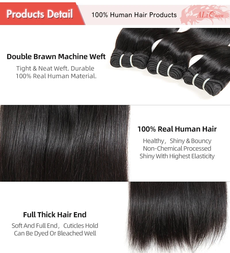 Ali Queen Hair Brazilian Straight Raw Virgin Hair Natural Color One Donor Human Hair Weft 8" to 28" Double Drawn Hair Bundle