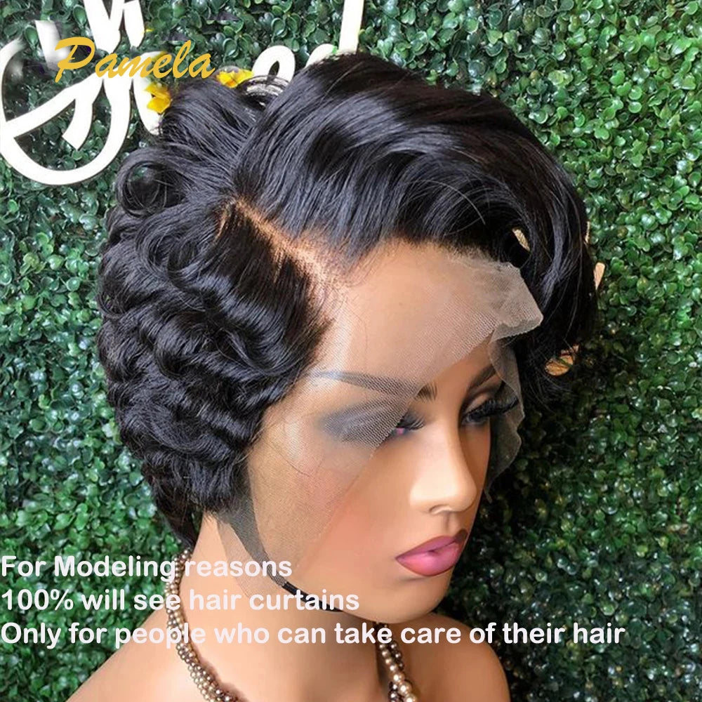 13x4 Short Bob Loose Wave Lace Front Wigs Pre Plucked Bleached Knots Pixie Cut Hd Transparent Lace Front Natutal Human Hair Wig