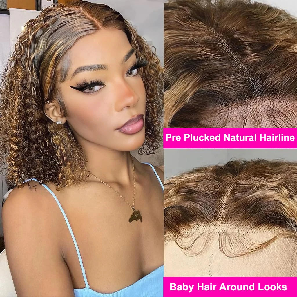 4/27 Highlight Curly Wigs Short Bob Wig Human Hair Brazilian Water Wave Ombre Blonde Color 13x4 Full Lace Frontal Wig For Women